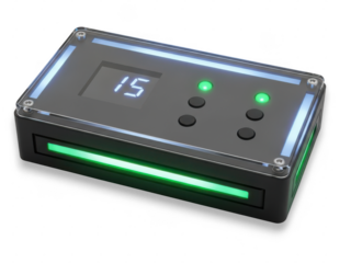 Sleek electronic control unit with digital display and led lights, isolated on transparent background
