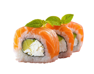 Three salmon sushi rolls lined up, topped with basil, on a dark background