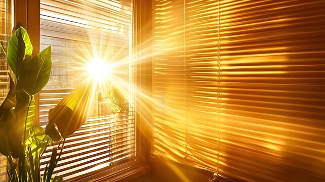 Closed window with jalousie blinds, sun rays, and bright sunlight.