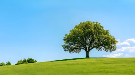 Fototapeta premium Single large oak tree against a backdrop of blue sky and green grass.