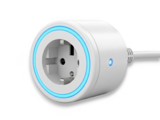 White smart wifi power plug type f schuko socket with blue led light ring isolated on transparent background
