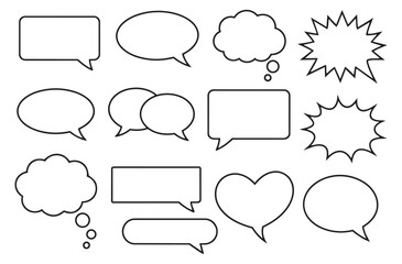Clean line art speech bubble set featuring a variety of chat, thought, and comic burst shapes for communication and graphic design