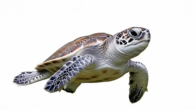 Graceful Green Sea Turtle Swimming Underwater on a Pristine White Background.