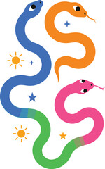 Obraz premium Colorful abstract snake illustrations in playful modern style, vibrant cartoon serpents with stars and suns for creative design and zodiac themes