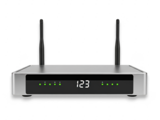 Wireless router with antennas and led display, isolated on transparent background