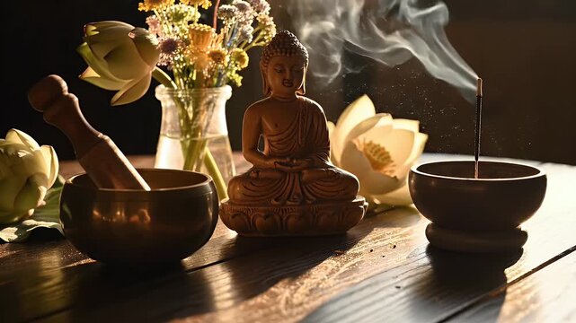 Buddhist summer preparation background with minimal ritual objects and soft shadows banner