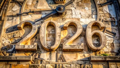 A close-up of a clock face displaying the year 2026