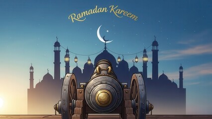 Celebrating ramadan kareem with traditional lanterns and mosque silhouettes