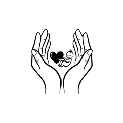 Fototapeta premium Hands holding a heart and a baby in a simple line art illustration.