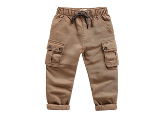 Brown cargo pants laid flat, featuring pockets and elastic waistband