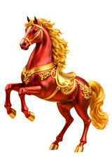 Metallic red horse decorated with gold in dynamic pose, oriental concept