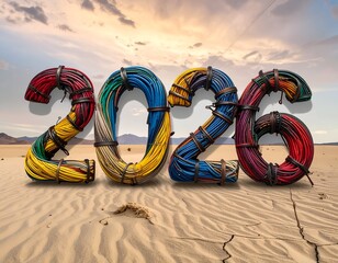 Year "2026" sculpted from colorful wires on desert landscape