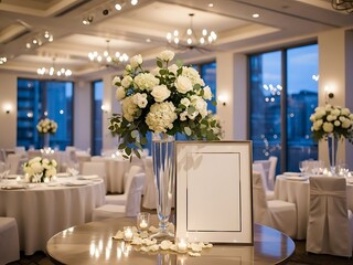 Elegant floral centerpiece at wedding venue with space for customized text