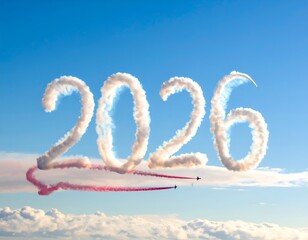 Aircraft write "2026" with smoke against a bright blue sky