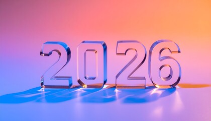 Shiny, glass-like numerals "2026" cast a shadow on a gradient background