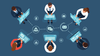 Overhead view of diverse professionals collaborating digitally on laptops, connected by a seamless network, symbolizing modern teamwork and remote communication strategies.