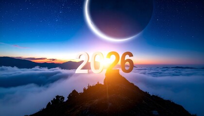 Dramatic sky with celestial event over mountain peak and year numbers