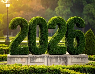 Living topiary numerals of the year 2026 stand in a manicured garden