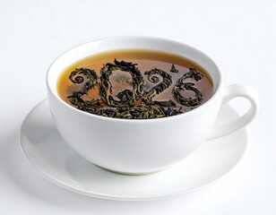 Tea in a white cup, tea leaves form "2026" on the surface