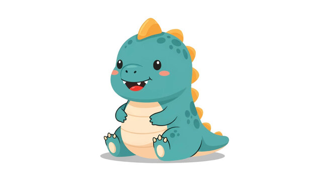 Adorable teal baby dinosaur sitting with yellow dorsal plates, cream belly, blushing cheeks, smiling