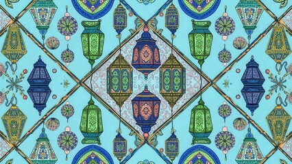 Intricate pattern of ornate lanterns and floral motifs