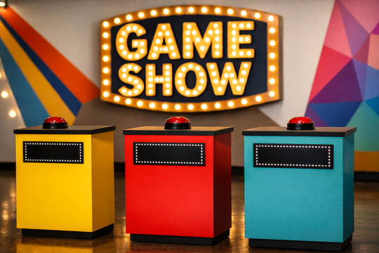 Retro style game show set with illuminated sign and red buzzers