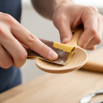 Craftsman shaping wooden spoon with sandpaper during woodwork session