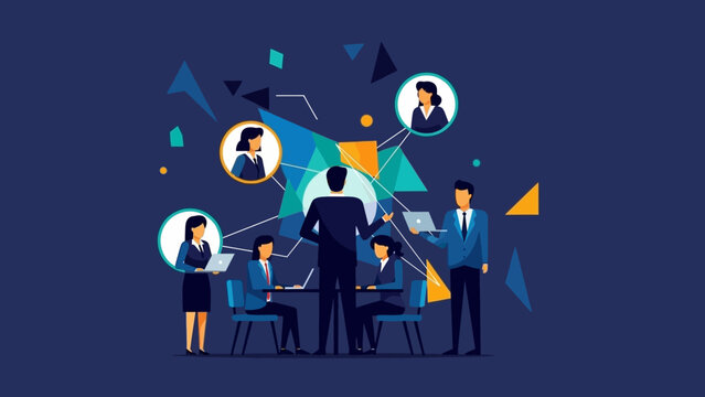 An illustrative depiction of diverse business professionals engaging in strategic networking and collaborative communication within a modern digital environment.
