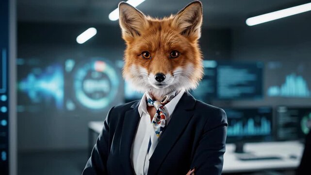 Surreal medium shot of a confident businesswoman with a fox head in a high-tech data center office
