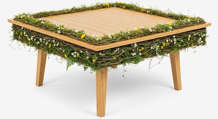 Aesthetic wooden table adorned with wildflowers and foliage for eco-friendly design showcasing