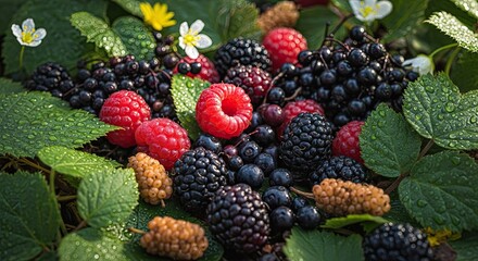An Appealing Composition of Freshly Picked Berries and Dewy Leaves Showcasing Nature's Bounty