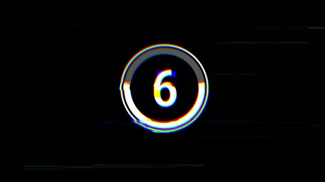 Animated circular 10 second countdown timer with RGB glitch distortion, static noise, and futuristic design on black background. 4K video