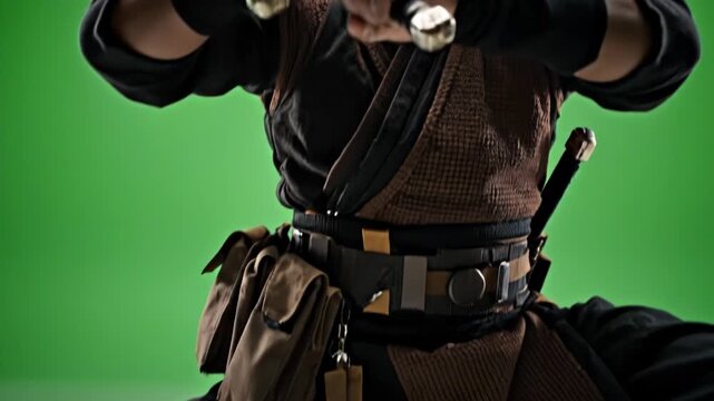 Ninja warrior in black and brown costume holding a sword isolated on green background