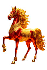 Metallic red horse decorated with gold in dynamic pose, oriental concept