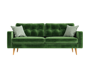 Fototapeta premium Plush, dark green velvet sofa with two pillows against a dark backdrop