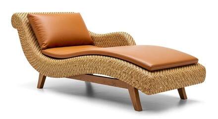 Elegant Wicker Chaise Lounge with Leather Cushion, Perfect for Relaxation and Comfort