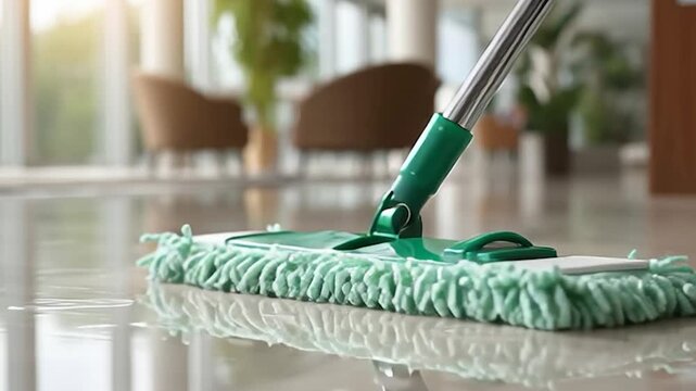 A green mop glides effortlessly over shiny tiles in a busy lobby filled with natural light. The serene atmosphere highlights the importance of cleanliness in inviting spaces