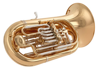 Gold-colored tuba with valves, coiled brass wind instrument against black background