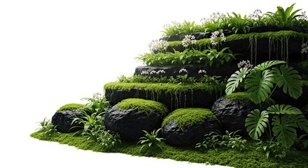 Lush terraced rock garden with moss, foliage and white flowers against a white background