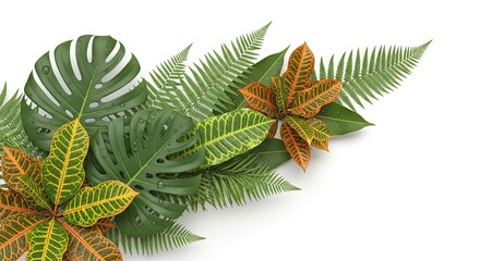 Lush Tropical Foliage Composition with Monstera, Fern, and Croton Leaves on White Background