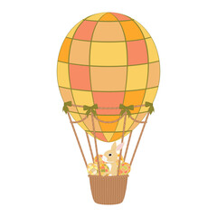 Cute Easter Bunny in Hot Air Balloon with Colorful Easter Eggs. Easter Egg-Shaped Hot Air Balloon. Easter Egg Decorated with a Checkered Pattern in Spring Shades. Plaid, Gingham, Spring Colors.