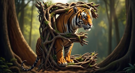 Majestic tiger emerging from a mystical interwoven tree roots in a serene forest landscape