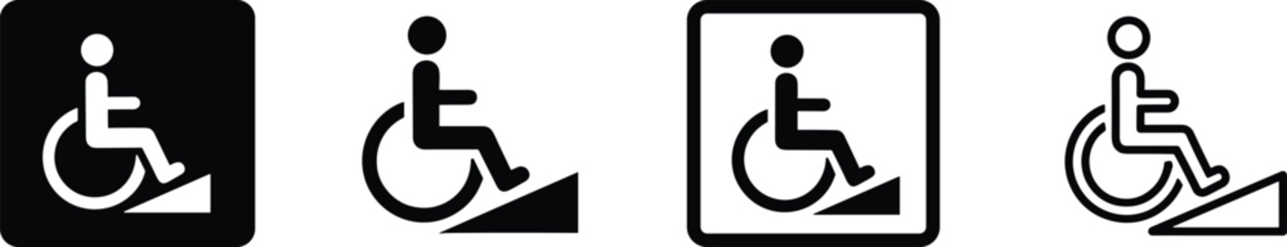 Handicap accessibility icon set featuring wheelchair users on ramps for public navigation and disability inclusion signs in black vector.