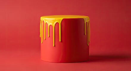 Vibrant cylinder with dripping yellow paint against a saturated red backdrop creates a striking