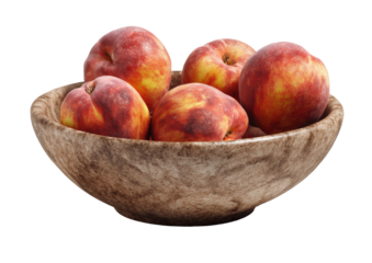 Stone bowl holding ripe peaches, reddish hues & fuzzy texture on transparent bg