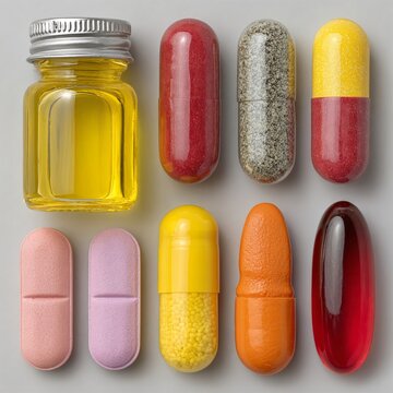 Assorted Pills and Supplements A Colorful Array of Health and Wellness.