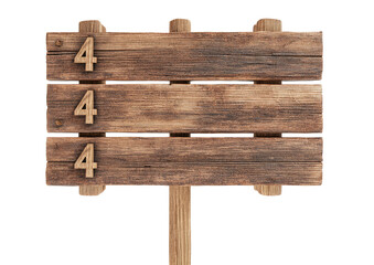 Rustic wooden sign with three planks showing numeral '4', isolated