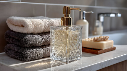 Bathroom Elegance Soap Dispenser Towels and Sink Details.