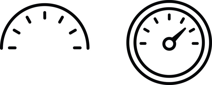Minimalist black outline gauge and speedometer icon set for dashboard performance tracking and data measurement isolated on white background.