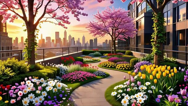 Spring day in a Paris park with flowers and historic buildings
